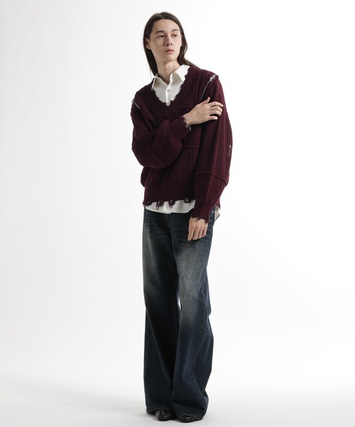 HARE（ハレ）の「BIGダメージVネックニット(HARE)（ニット/セーター・メンズ・レッド/ブラック/パープル・FREE）」の7枚目の写真