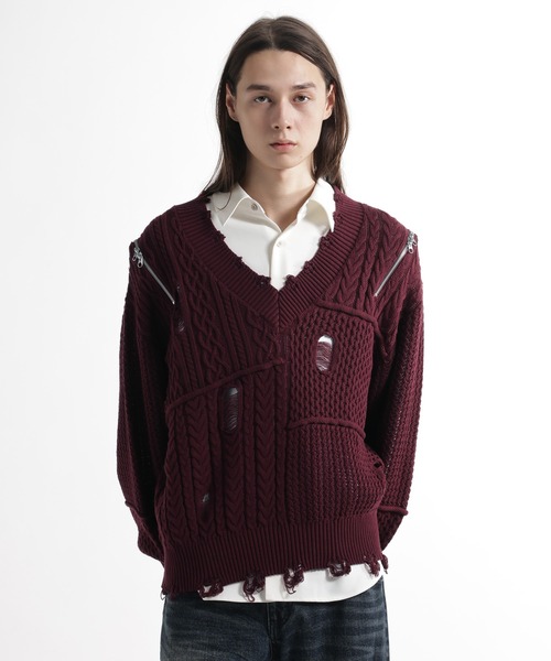 HARE（ハレ）の「BIGダメージVネックニット(HARE)（ニット/セーター・メンズ・レッド/ブラック/パープル・FREE）」の13枚目の写真