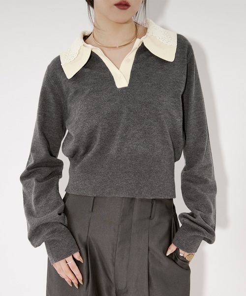 Ezick（エジック）の「2WAY lace collar バイカラーポロニット（ニット/セーター・レディース・ネイビー/チャコール・FREE）」の14枚目の写真