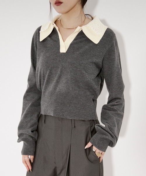 Ezick（エジック）の「2WAY lace collar バイカラーポロニット（ニット/セーター・レディース・ネイビー/チャコール・FREE）」の18枚目の写真