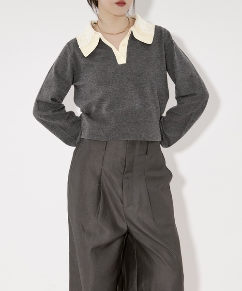 Ezick（エジック）の「2WAY lace collar バイカラーポロニット（ニット/セーター・レディース・ネイビー/チャコール・FREE）」の19枚目の写真