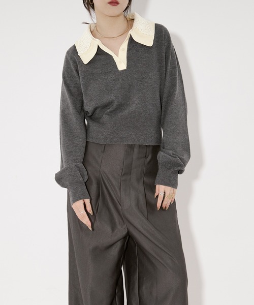 Ezick（エジック）の「2WAY lace collar バイカラーポロニット（ニット/セーター・レディース・ネイビー/チャコール・FREE）」の20枚目の写真