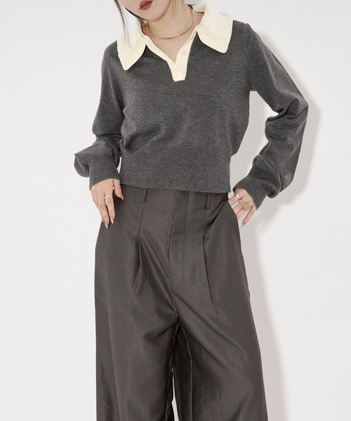 Ezick（エジック）の「2WAY lace collar バイカラーポロニット（ニット/セーター・レディース・ネイビー/チャコール・FREE）」の21枚目の写真