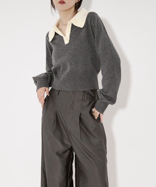 Ezick（エジック）の「2WAY lace collar バイカラーポロニット（ニット/セーター・レディース・ネイビー/チャコール・FREE）」の22枚目の写真