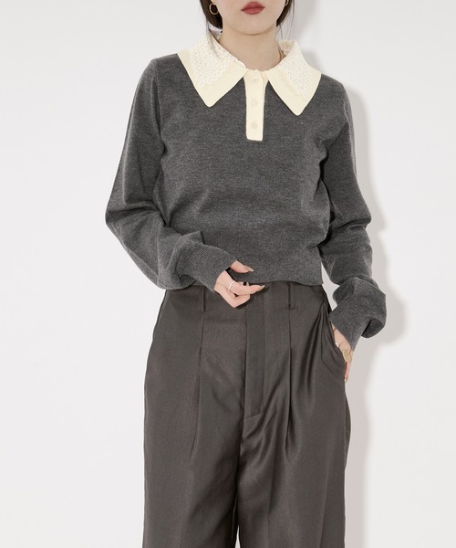 Ezick（エジック）の「2WAY lace collar バイカラーポロニット（ニット/セーター・レディース・ネイビー/チャコール・FREE）」の17枚目の写真
