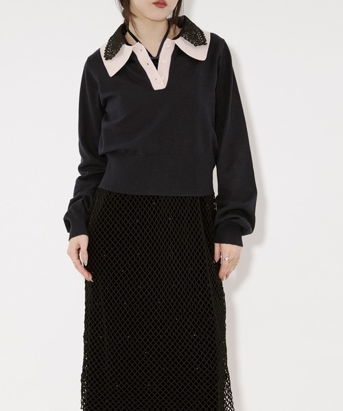 Ezick（エジック）の「2WAY lace collar バイカラーポロニット（ニット/セーター・レディース・ネイビー/チャコール・FREE）」の4枚目の写真