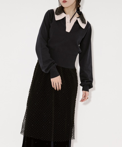 Ezick（エジック）の「2WAY lace collar バイカラーポロニット（ニット/セーター・レディース・ネイビー/チャコール・FREE）」の5枚目の写真