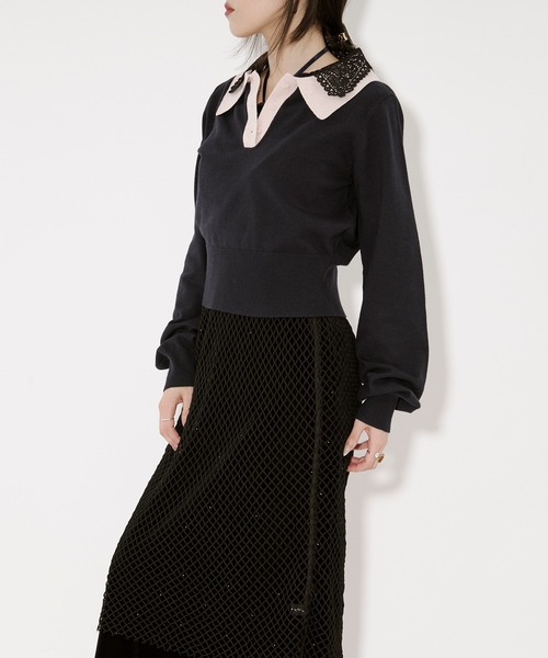 Ezick（エジック）の「2WAY lace collar バイカラーポロニット（ニット/セーター・レディース・ネイビー/チャコール・FREE）」の6枚目の写真