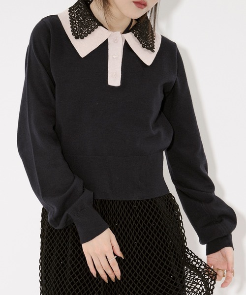 Ezick（エジック）の「2WAY lace collar バイカラーポロニット（ニット/セーター・レディース・ネイビー/チャコール・FREE）」の3枚目の写真