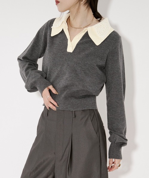 Ezick（エジック）の「2WAY lace collar バイカラーポロニット（ニット/セーター・レディース・ネイビー/チャコール・FREE）」の15枚目の写真