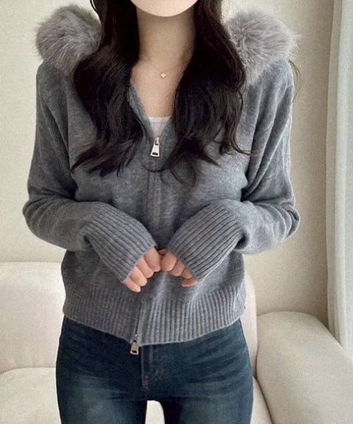 portulaca】フェイクファー付きダブルzipニットパーカー（ニット