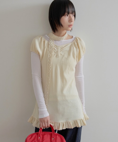 UNE MANSION(ユヌマンション)の「【2026SS新作アイテム】【UNE ORIGINAL】フロントシャーリングパフスリーブフリルミニワンピース(Tシャツ/カットソー・レディース・グレー/ベージュ/ブラック・FREE)」の3枚目の写真