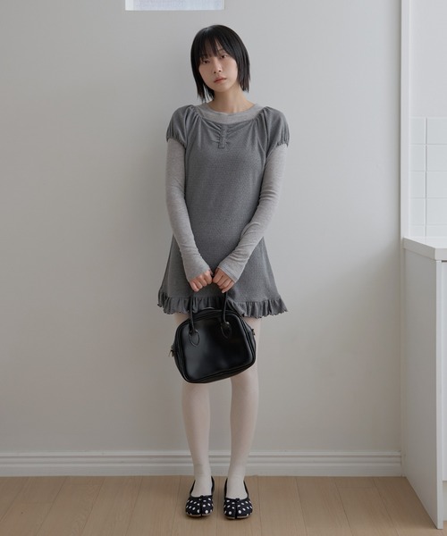 UNE MANSION(ユヌマンション)の「【2026SS新作アイテム】【UNE ORIGINAL】フロントシャーリングパフスリーブフリルミニワンピース(Tシャツ/カットソー・レディース・グレー/ベージュ/ブラック・FREE)」の13枚目の写真