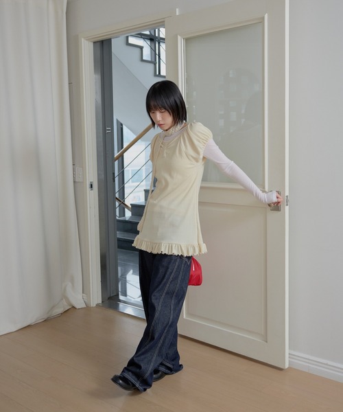 UNE MANSION（ユヌマンション）の「【UNE ORIGINAL】フロントシャーリングパフスリーブフリルミニワンピース（Tシャツ/カットソー・レディース・グレー/ベージュ/ブラック・FREE）」の18枚目の写真