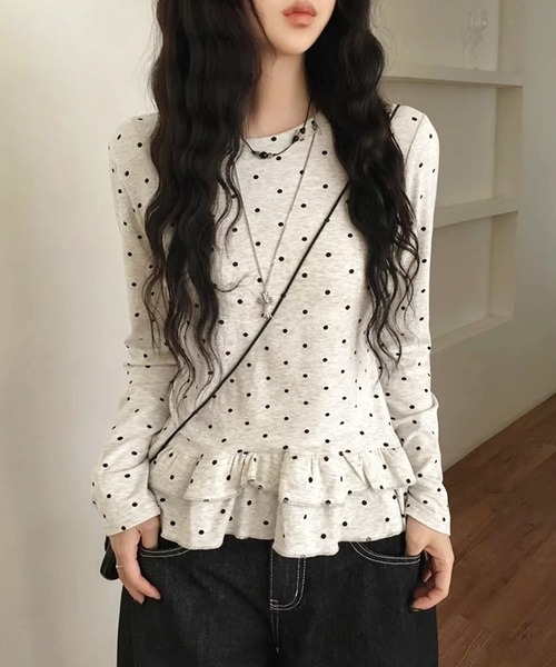 HALEY PESCA(ヘーリーペスカ)の「HALEY PESCA/ドット柄 フリルカットソー(Tシャツ/カットソー・レディース・ライトグレー・X-LARGE/LARGE/MEDIUM/SMALL)」の1枚目の写真