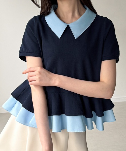 junoah(ジュノア)の「レイヤードフリル半袖トップス(シャツ/ブラウス・レディース・グレー/ネイビー/ブラック・SMALL/MEDIUM/LARGE)」の8枚目の写真