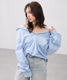 2Wayオフショルストライプ柄シャツ