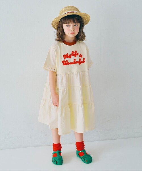 p.premier（ピードットプルミエ）の「フェルトロゴリンガーTティアードワンピース（ワンピース・キッズ・ブラウン/レッド/アイボリー・80/90/100/110/120/130/140）」の4枚目の写真