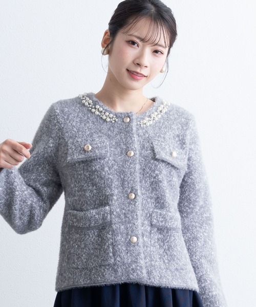 SweetMommy（スウィートマミー）の「ビジューニットジャケット　[マタニティ 産前産後] [七五三・お宮参り・秋フォーマル]（ノーカラージャケット・レディース・グレー/ベージュ・FREE）」の3枚目の写真
