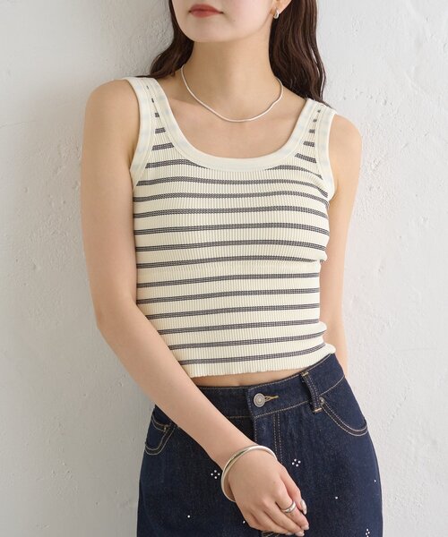 mystic(ミスティック)の「《WEB限定》パット付きボーダータンクトップ(キャミソール・レディース・ブラック/オフホワイト・FREE)」の3枚目の写真