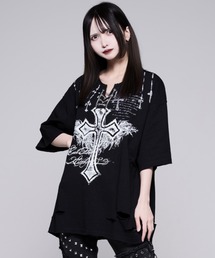 『REFLEM/レフレム』チェーン編み上げグランジヘンリーTシャツ/ハーフスリーブカットソー