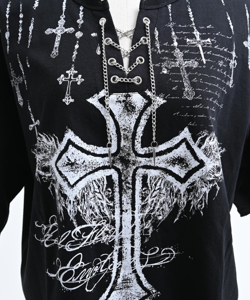 REFLEM(レフレム)の「『REFLEM/レフレム』チェーン編み上げグランジヘンリーTシャツ/ハーフスリーブカットソー(Tシャツ/カットソー・レディース・ブラック/グレー・FREE)」の21枚目の写真