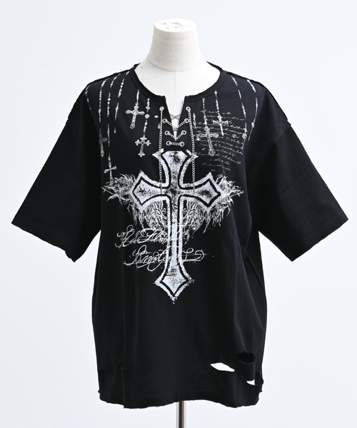 REFLEM(レフレム)の「『REFLEM/レフレム』チェーン編み上げグランジヘンリーTシャツ/ハーフスリーブカットソー(Tシャツ/カットソー・レディース・ブラック/グレー・FREE)」の18枚目の写真