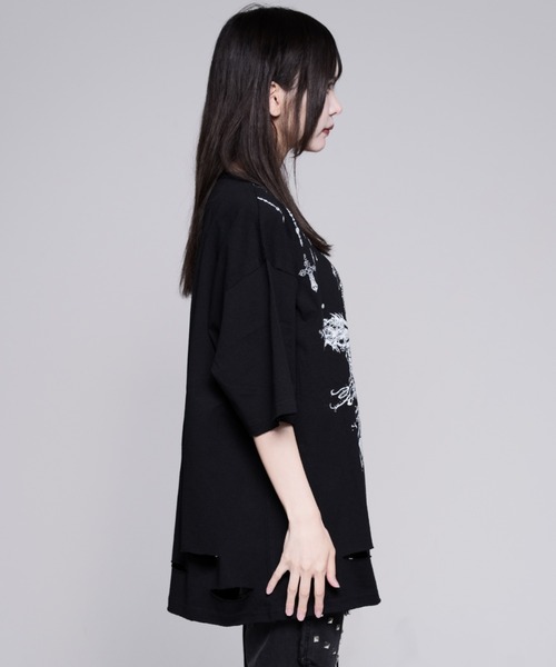 REFLEM(レフレム)の「『REFLEM/レフレム』チェーン編み上げグランジヘンリーTシャツ/ハーフスリーブカットソー(Tシャツ/カットソー・レディース・ブラック/グレー・FREE)」の10枚目の写真
