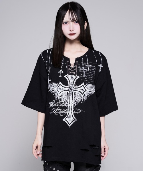 REFLEM(レフレム)の「『REFLEM/レフレム』チェーン編み上げグランジヘンリーTシャツ/ハーフスリーブカットソー(Tシャツ/カットソー・レディース・ブラック/グレー・FREE)」の9枚目の写真