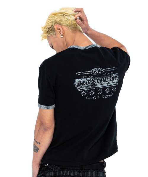 XTONZ(エクストーンズ)の「XTT156 ツートンリブクロップリンガーTシャツ (ブラック)(Tシャツ/カットソー・レディース・その他・SMALL/MEDIUM/LARGE/X-SMALL)」の1枚目の写真