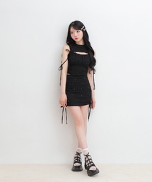 M me eme（エムミーエメ）の「Side ribbon drost bijou mini skirt(eme10703)（スカート）」