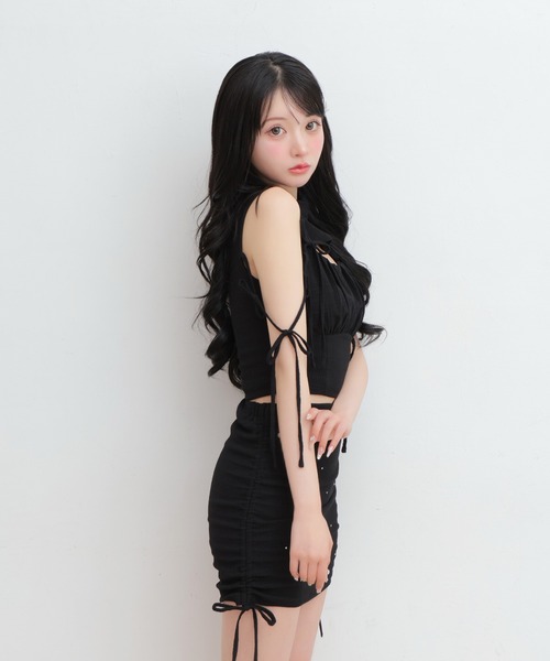 M me eme(エムミーエメ)の「Side ribbon drost bijou mini skirt(eme10703)(スカート・レディース・ブラック・FREE)」の7枚目の写真