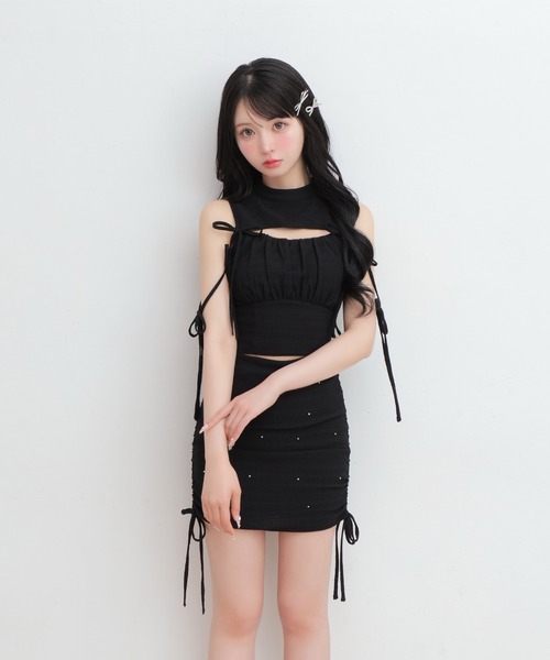 M me eme(エムミーエメ)の「Side ribbon drost bijou mini skirt(eme10703)(スカート・レディース・ブラック・FREE)」の5枚目の写真