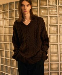 DRAW FIT（ドローフィット）の「ケーブルVネックヘアリーニット[BROWN]（ニット/セーター）」