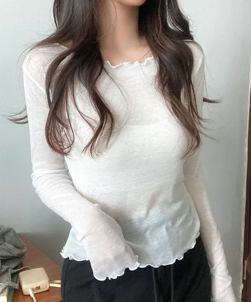 Girly Doll(ガーリードール)の「メロウフリル長袖カットソー(Tシャツ/カットソー・レディース・ホワイト/ピンク/ブルー/ブラック・FREE)」の2枚目の写真
