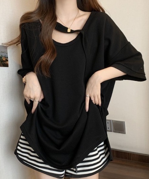 deux amour(ドゥーザムール)の「アシメデザインBIG Tシャツ(Tシャツ/カットソー・レディース・ホワイト/ブラック/ベージュ/ピンク/パープル・FREE)」の3枚目の写真
