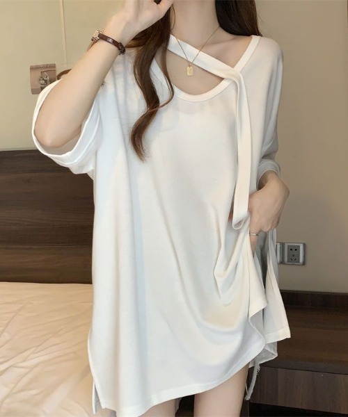 deux amour(ドゥーザムール)の「アシメデザインBIG Tシャツ(Tシャツ/カットソー・レディース・ホワイト/ブラック/ベージュ/ピンク/パープル・FREE)」の10枚目の写真