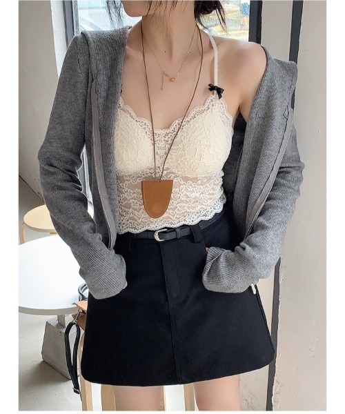 NoBelle(ノベル)の「カップ付きシアーキャミソール サイドリボンレースフリルブラトップ(キャミソール・レディース・ブラック/ホワイト・FREE)」の13枚目の写真