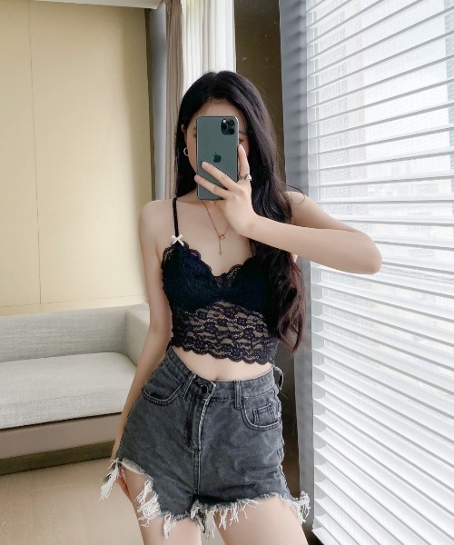 NoBelle(ノベル)の「カップ付きシアーキャミソール サイドリボンレースフリルブラトップ(キャミソール・レディース・ブラック/ホワイト・FREE)」の8枚目の写真