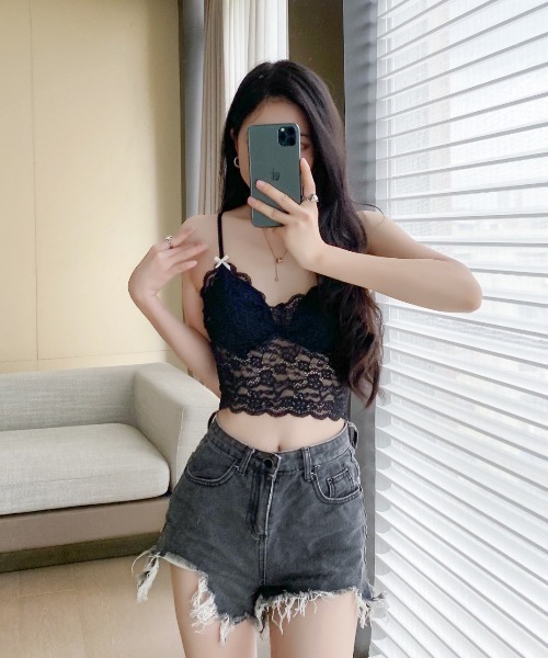 NoBelle(ノベル)の「カップ付きシアーキャミソール サイドリボンレースフリルブラトップ(キャミソール・レディース・ブラック/ホワイト・FREE)」の9枚目の写真