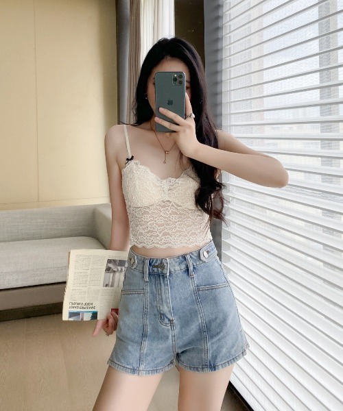 NoBelle(ノベル)の「カップ付きシアーキャミソール サイドリボンレースフリルブラトップ(キャミソール・レディース・ブラック/ホワイト・FREE)」の5枚目の写真