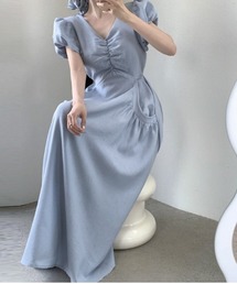 YUGA_YGMC　　Korean-style　V-neck puff-sleeve dress