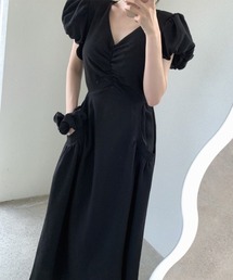 YUGA_YGMC Korean-style V-neck puff-sleeve dress