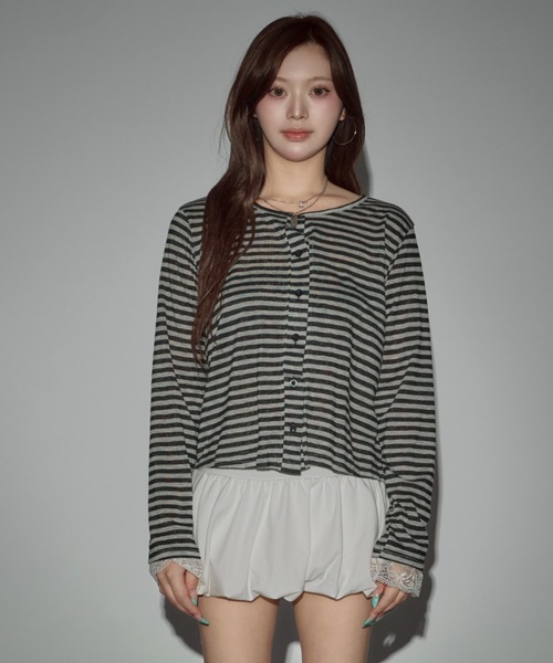 CeLess(セレス)の「Frill Lace Border Sheer Cardigan / フリルレースボーダーシアーカーディガン(シャツ/ブラウス・レディース・ブラック・FREE)」の2枚目の写真