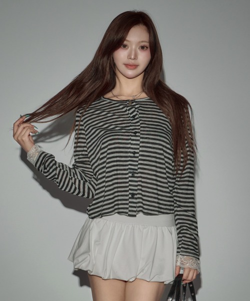 CeLess(セレス)の「Frill Lace Border Sheer Cardigan / フリルレースボーダーシアーカーディガン(シャツ/ブラウス・レディース・ブラック・FREE)」の4枚目の写真