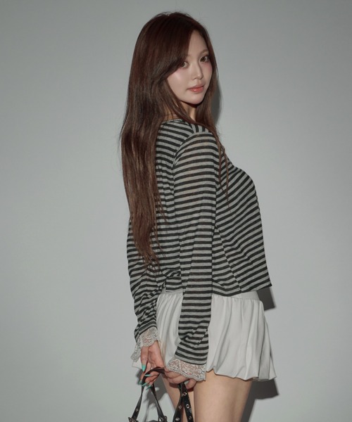 CeLess(セレス)の「Frill Lace Border Sheer Cardigan / フリルレースボーダーシアーカーディガン(シャツ/ブラウス・レディース・ブラック・FREE)」の6枚目の写真