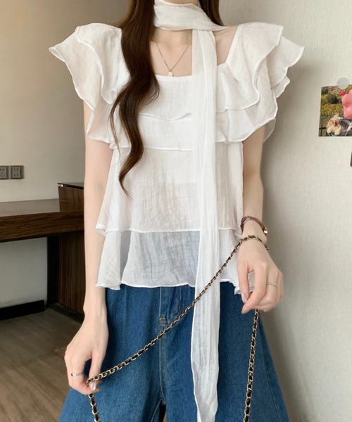 LUCPY(ラクピー)の「フリルリボン半袖トップス(その他トップス・レディース・ブルー/イエロー/ホワイト/ピンク・FREE)」の1枚目の写真