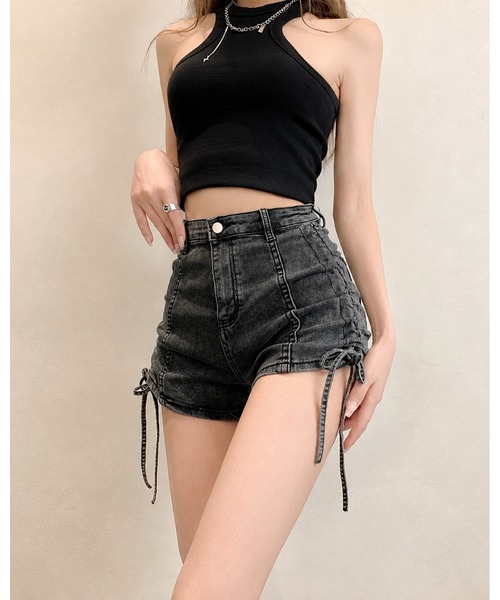FUNdaysion（ファンデイション）の「サイドドロストギャザーデニムショートパンツ（デニムパンツ・レディース・ダークグレー/ブラック/サックスブルー・S/L/M）」の11枚目の写真