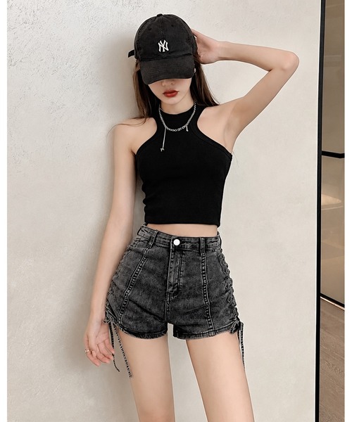 FUNdaysion（ファンデイション）の「サイドドロストギャザーデニムショートパンツ（デニムパンツ・レディース・ダークグレー/ブラック/サックスブルー・S/L/M）」の13枚目の写真