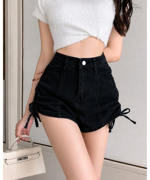 FUNdaysion（ファンデイション）の「サイドドロストギャザーデニムショートパンツ（デニムパンツ・レディース・ダークグレー/ブラック/サックスブルー・S/L/M）」の17枚目の写真